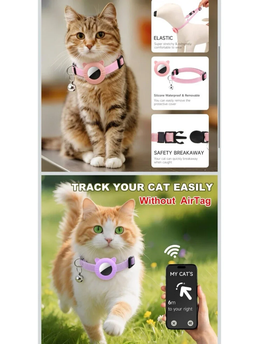 2pc Adjustable Cat Collar with AirTag Holder 2 Pack Silicone Cat Head Case Bell